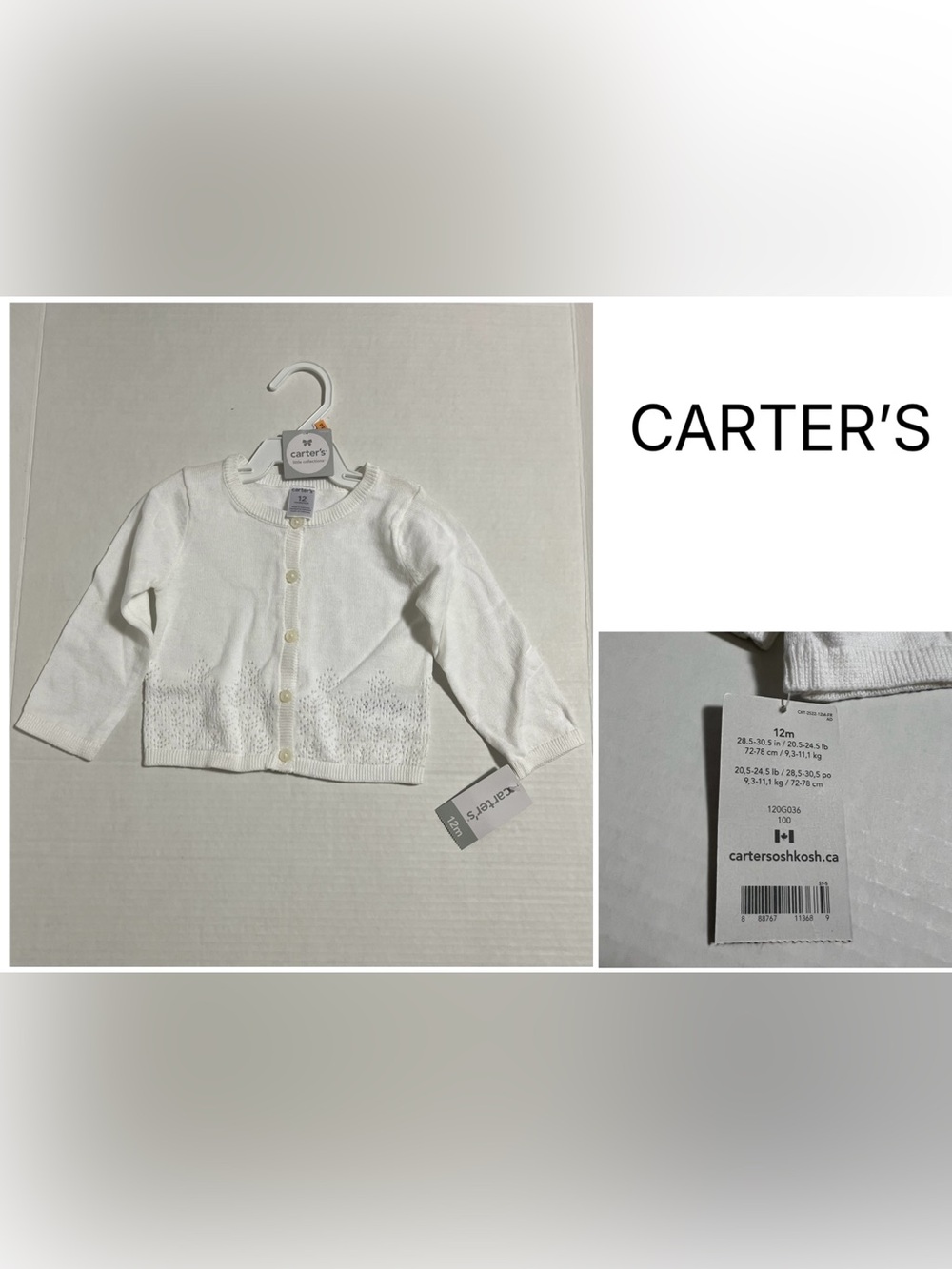 CARTER’S - 12M - NWT - INFANT GIRLS WHITE KNIT LATTICE CARDIGAN SWEATER